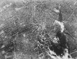 HE bombs on target, Bois-Colombes, Paris, France (31 Dec 43) (U.S. Air Force)